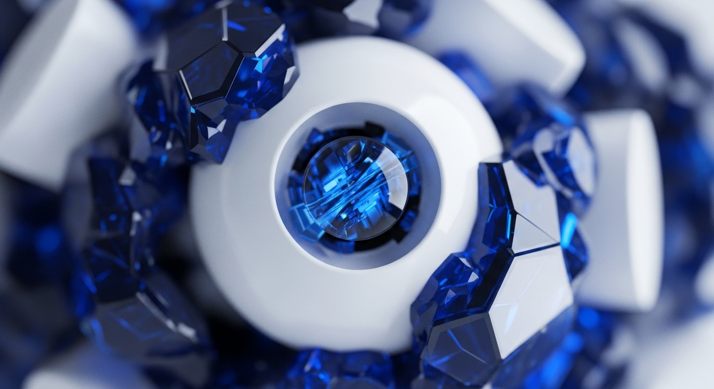 A detailed close-up reveals a central white spherical structure with a glowing, intricate blue core, surrounded by numerous faceted blue and white geometric forms. The composition highlights the sharp contrasts and interconnectedness of these abstract digital components