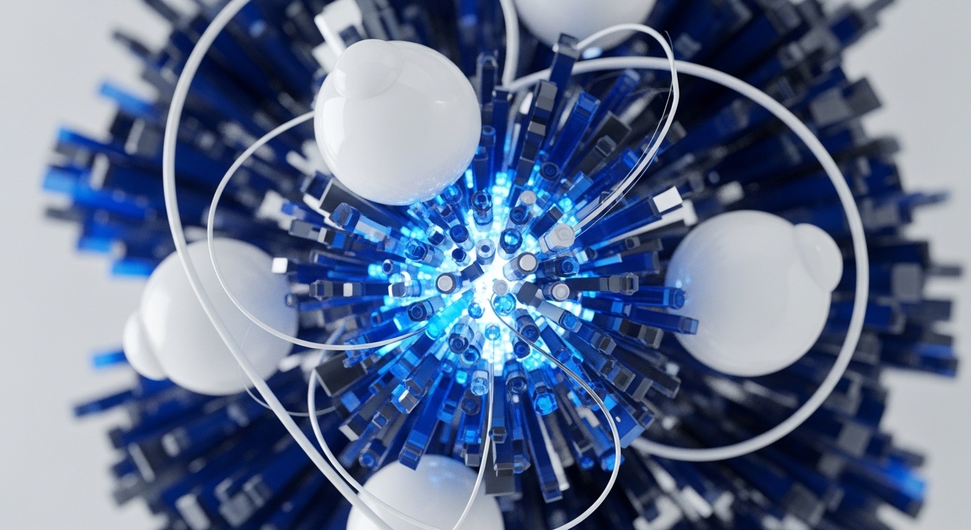 A vibrant blue central light source illuminates an intricate cluster of blue and dark grey rectangular rods, forming a dense, radial structure. White, smooth spherical objects, some with smaller attached spheres, are positioned around this core, interconnected by delicate white filaments