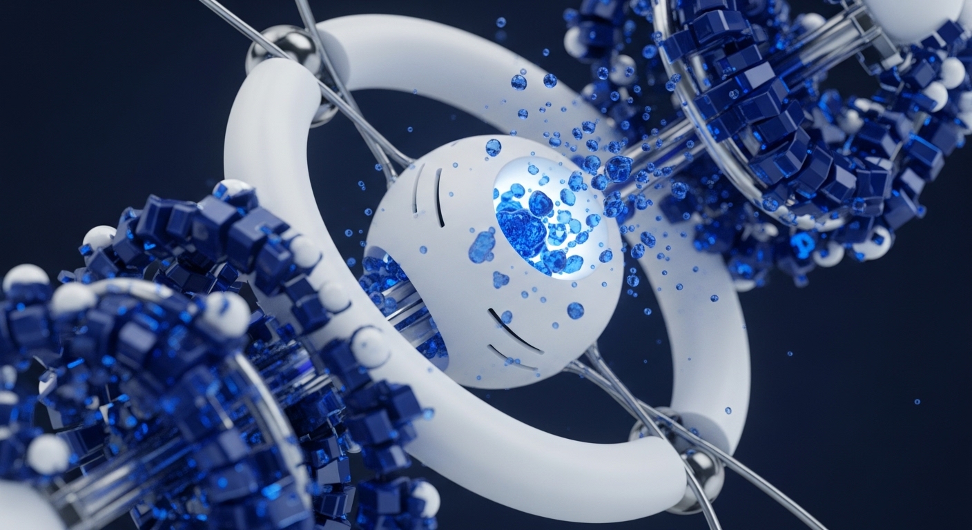 The image displays an abstract, futuristic representation of interconnected digital infrastructure, featuring a central glowing sphere surrounded by white tubular structures and chains of blue cuboid elements. Smaller blue particles emanate from the core, interacting with the surrounding network components