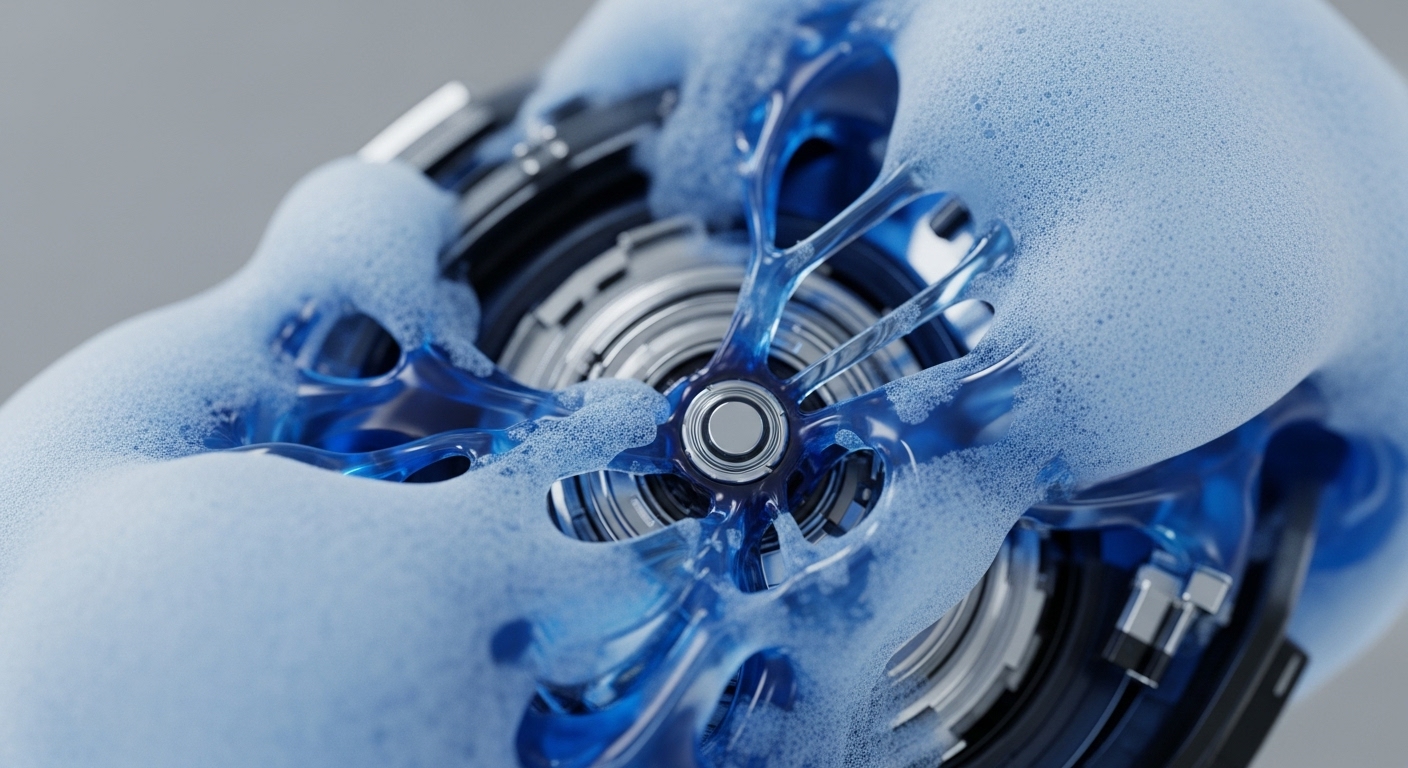 A close-up view presents an intricate mechanical component, featuring polished silver and grey metallic elements, partially submerged in a luminous blue, viscous liquid topped with light blue foam. The liquid forms a radial, web-like pattern around a central circular bearing, integrating seamlessly with the metallic structure's spokes