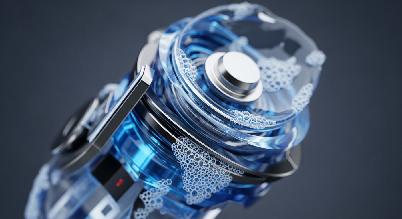 The image captures a mesmerizing, abstract rendering of a complex transparent device, showcasing vibrant blue liquid swirling within its intricate metallic framework, interspersed with countless white bubbles. This visually striking composition highlights the dynamic interplay of fluid and structure, suggesting a sophisticated processing system