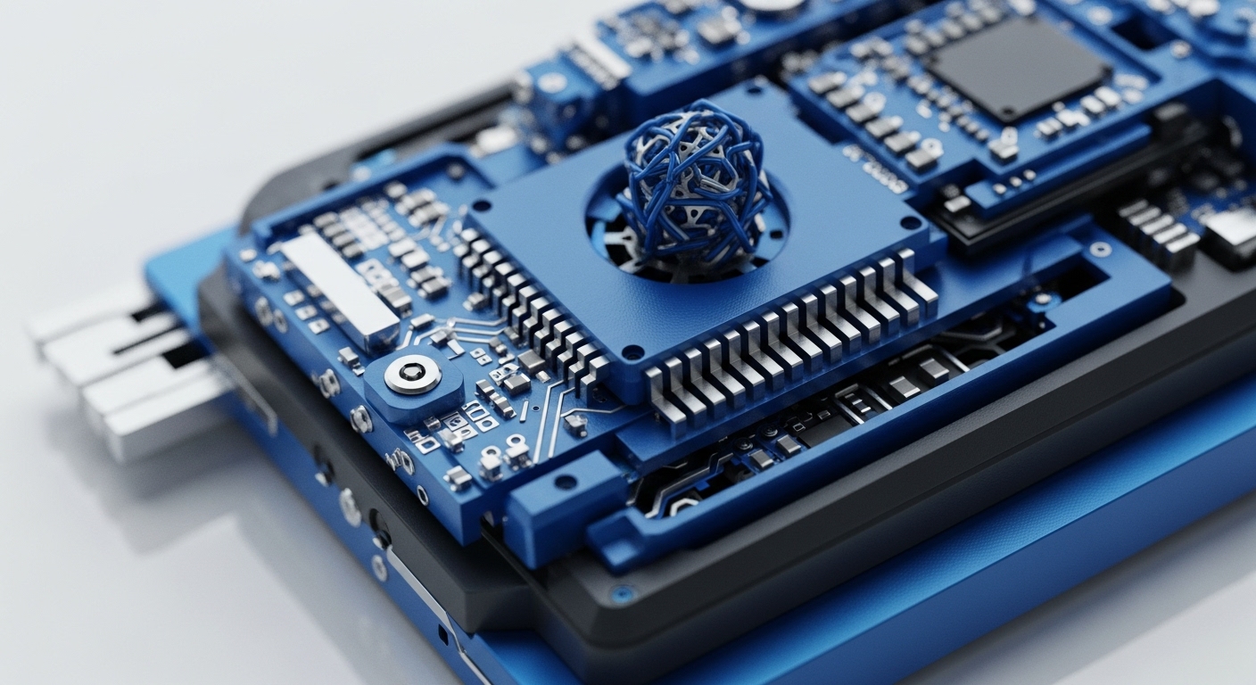 A macro perspective reveals a vibrant blue circuit board, intricately designed with numerous silver electronic components and prominent connector pins. At its core, a unique spherical structure composed of tangled blue and silver wires is prominently displayed, suggesting complex internal mechanisms