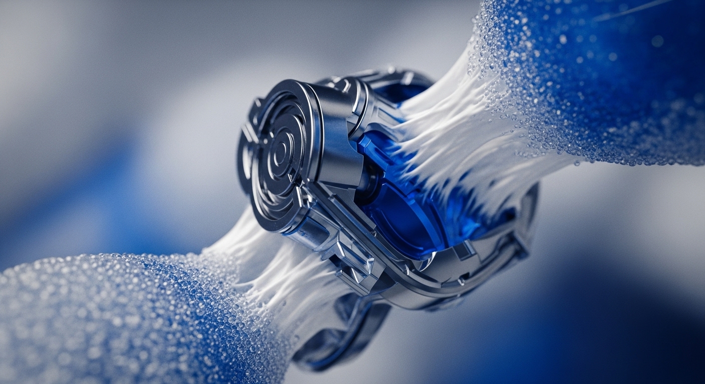 A highly detailed, metallic, and intricate mechanical core is depicted, securely intertwined with dynamic, flowing white material and an effervescent blue granular substance. The composition highlights the seamless integration of these distinct elements against a blurred, gradient blue background, emphasizing depth and motion