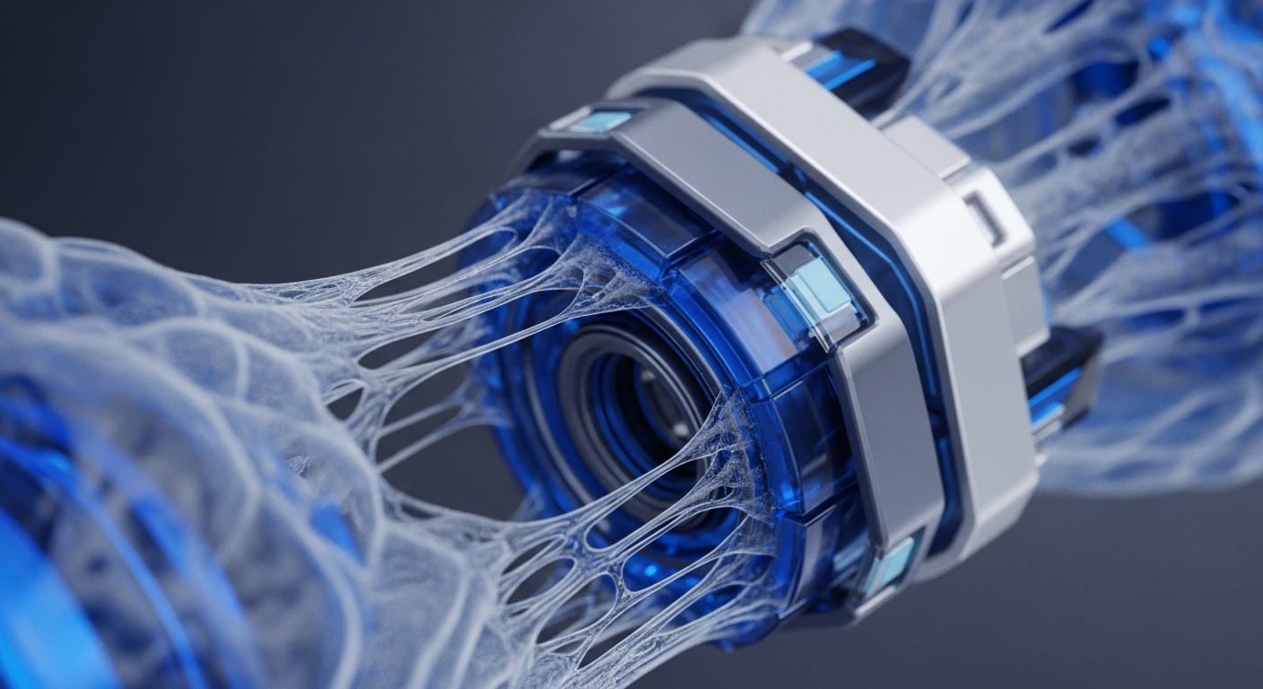 A central metallic and translucent blue mechanism is depicted, anchoring intricate, fibrous structures that extend outwards. The mechanism features glowing blue accents and a detailed internal component, with the web-like filaments appearing to stretch and connect to it