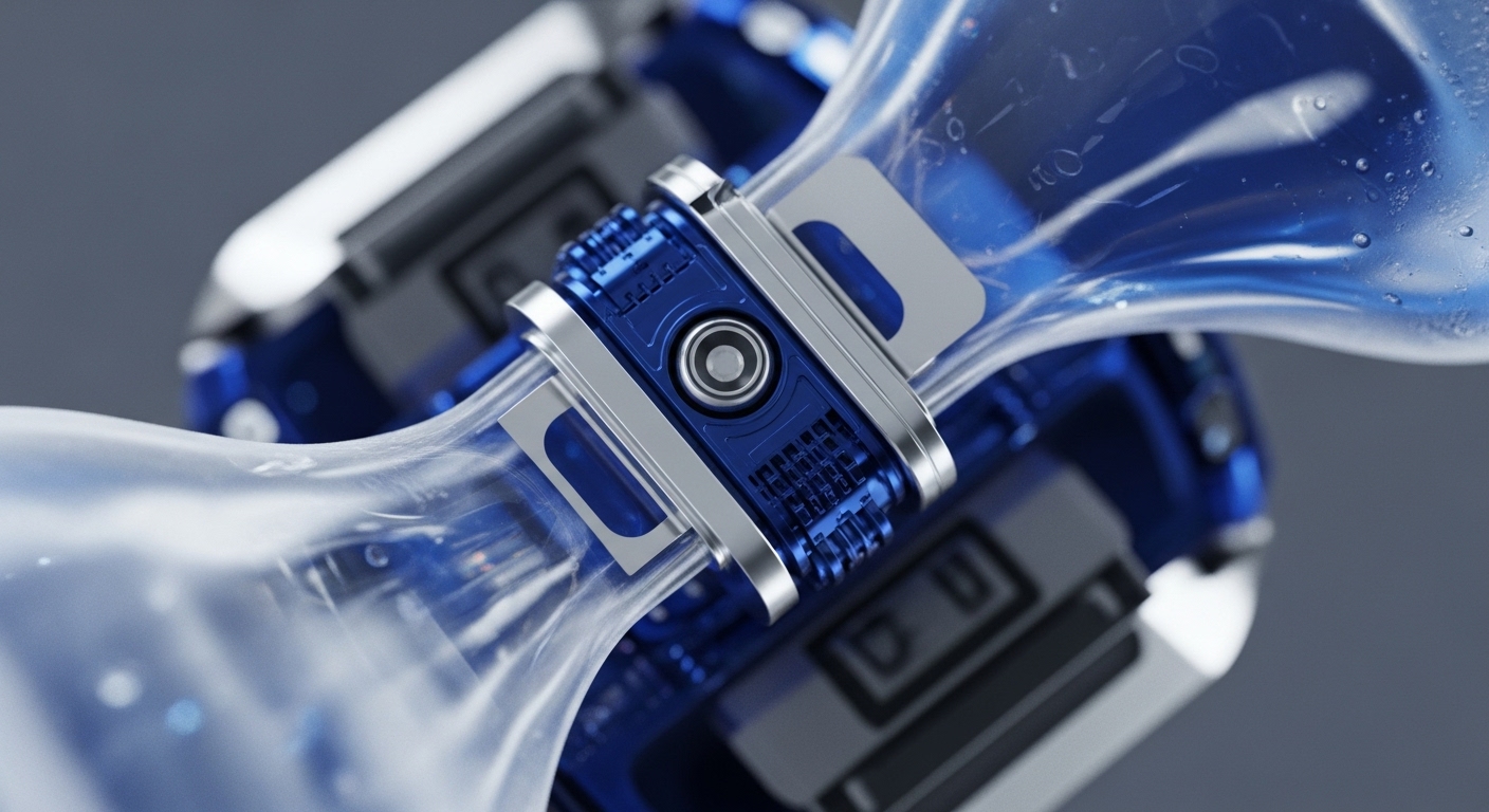 A detailed close-up reveals a futuristic blue and silver metallic apparatus, acting as a central hub for transparent, liquid-filled conduits. Bubbles and droplets within the fluid highlight dynamic movement, suggesting an active processing system