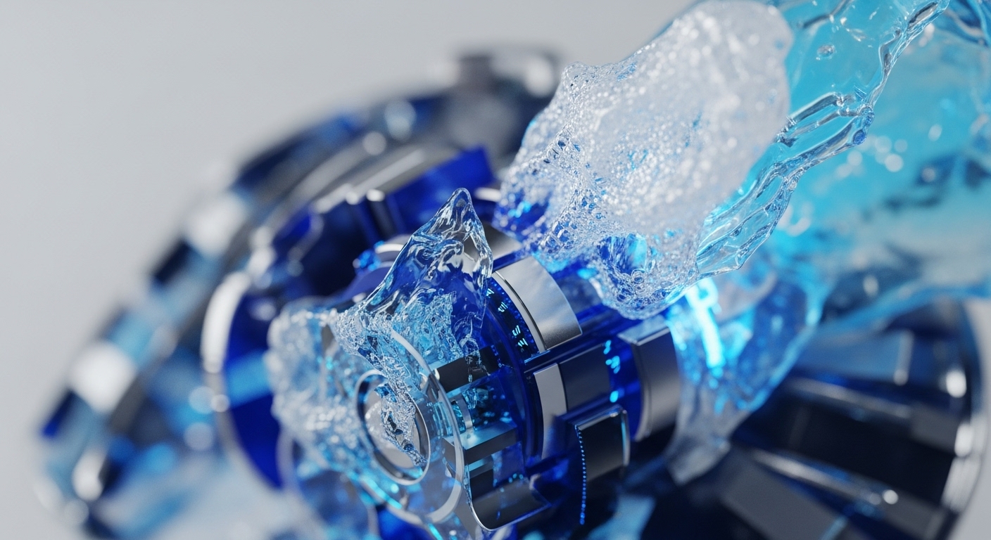 The image presents a detailed view of a high-tech apparatus featuring metallic and translucent blue elements, with clear blue water actively splashing and flowing around its intricate parts. Bright blue light glows from within the mechanism, emphasizing its dynamic and complex internal workings