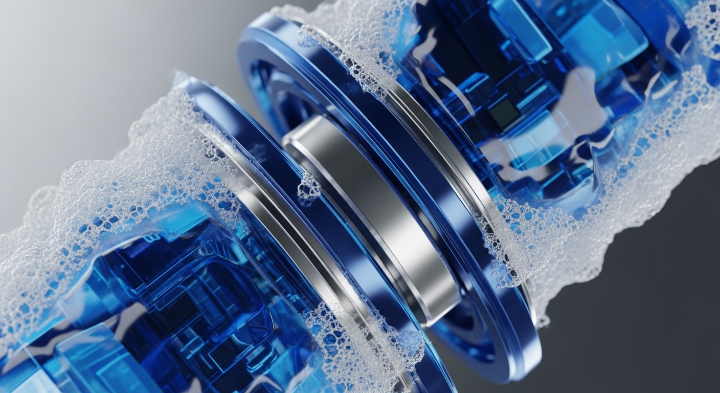 Central to the image is a metallic core flanked by translucent blue, geometric components, all surrounded by a vibrant, frothy white substance. These elements combine to depict an intricate digital process