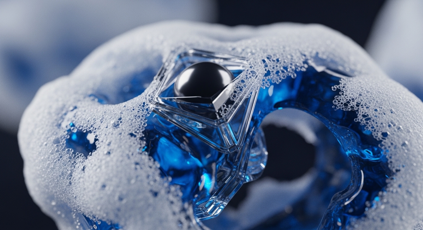 A vibrant blue, translucent fluid with a glossy surface is extensively covered by white, effervescent foam, creating a dynamic, organic shape. Embedded within the blue liquid and foam is a clear, angular, crystalline structure, housing a dark, perfectly spherical object at its core