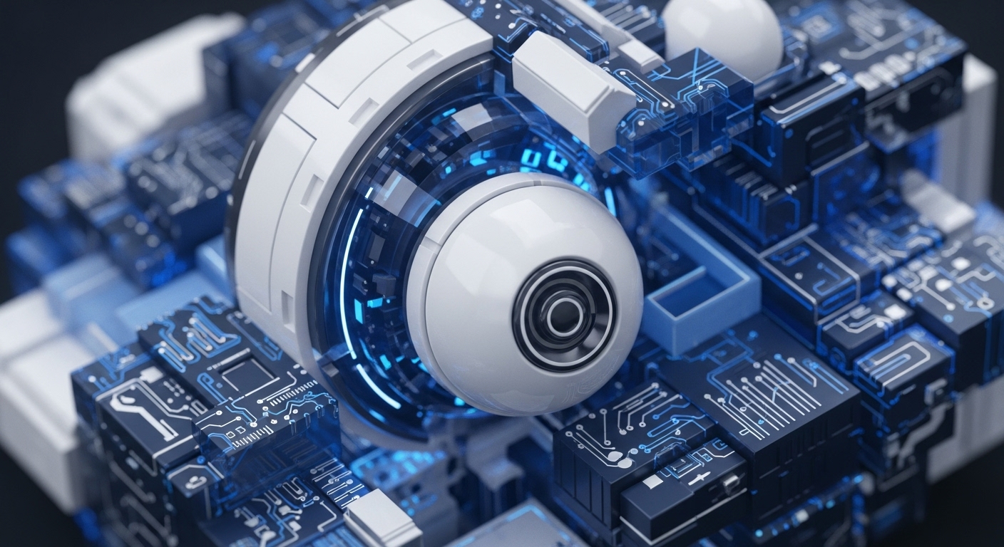 A sophisticated, multi-faceted structure with a prominent, spherical optical component at its center, surrounded by interconnected layers of intricate circuit board designs and illuminated by vibrant blue energy. This abstract visualization embodies the technological backbone of decentralized autonomous organizations, illustrating the fusion of advanced AI-like perception with robust blockchain infrastructure