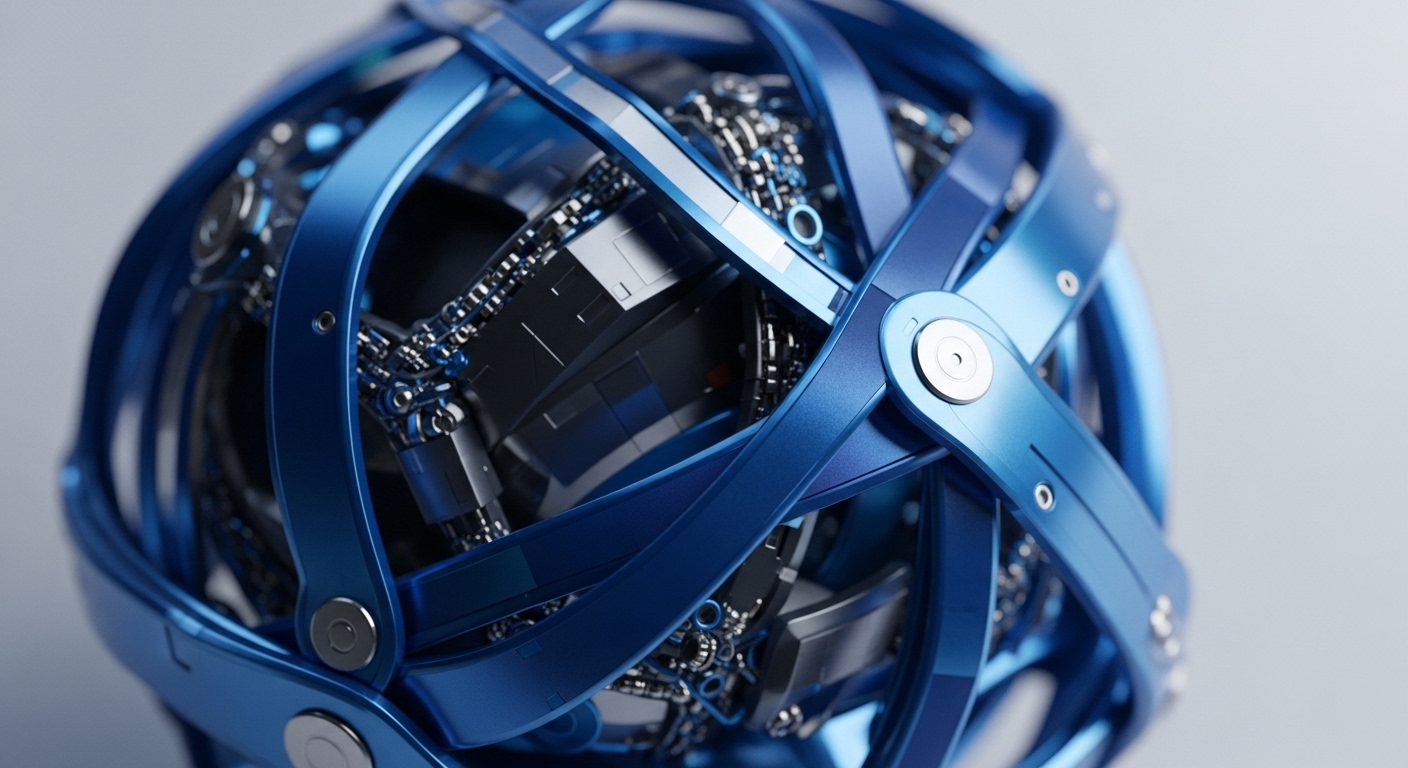 A close-up view captures a spherical mechanical apparatus, intricately designed with a polished blue outer shell composed of interconnected bands and internal complex metallic components. Visible fasteners secure the blue framework, revealing a dense core of gears, conduits, and electronic-like parts within a contained structure
