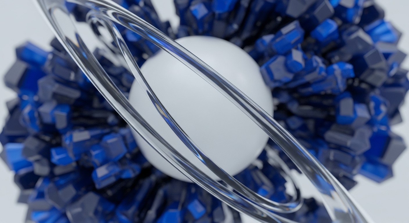 A pristine white sphere stands at the center, enveloped by several reflective, translucent rings that orbit its axis. Surrounding this central formation, a multitude of faceted, polygonal shapes in varying shades of deep blue and dark gray create a dense, textured backdrop