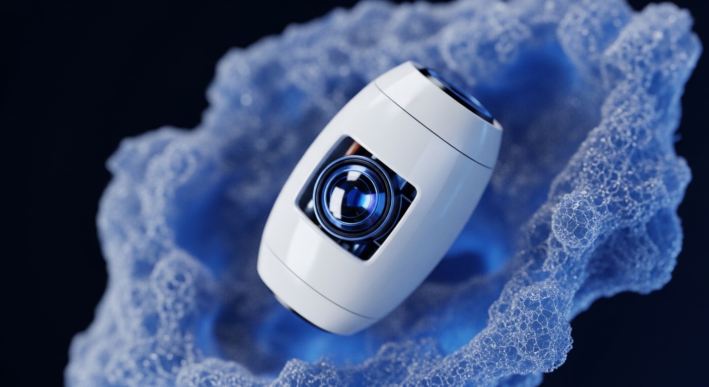 A white, ovular device with a prominent, blue-tinted lens is centrally positioned within a translucent, intricate, light blue matrix. This matrix, resembling a complex network or a porous structure, suggests a digital or biological substrate. The device's lens, reminiscent of a camera aperture, implies data capture or surveillance capabilities. Within the crypto and blockchain ecosystem, this could symbolize a DAO's governance interface, a smart contract execution monitor, or a node's sensory input within a decentralized network, highlighting the intersection of distributed ledger technology and intelligent data processing.