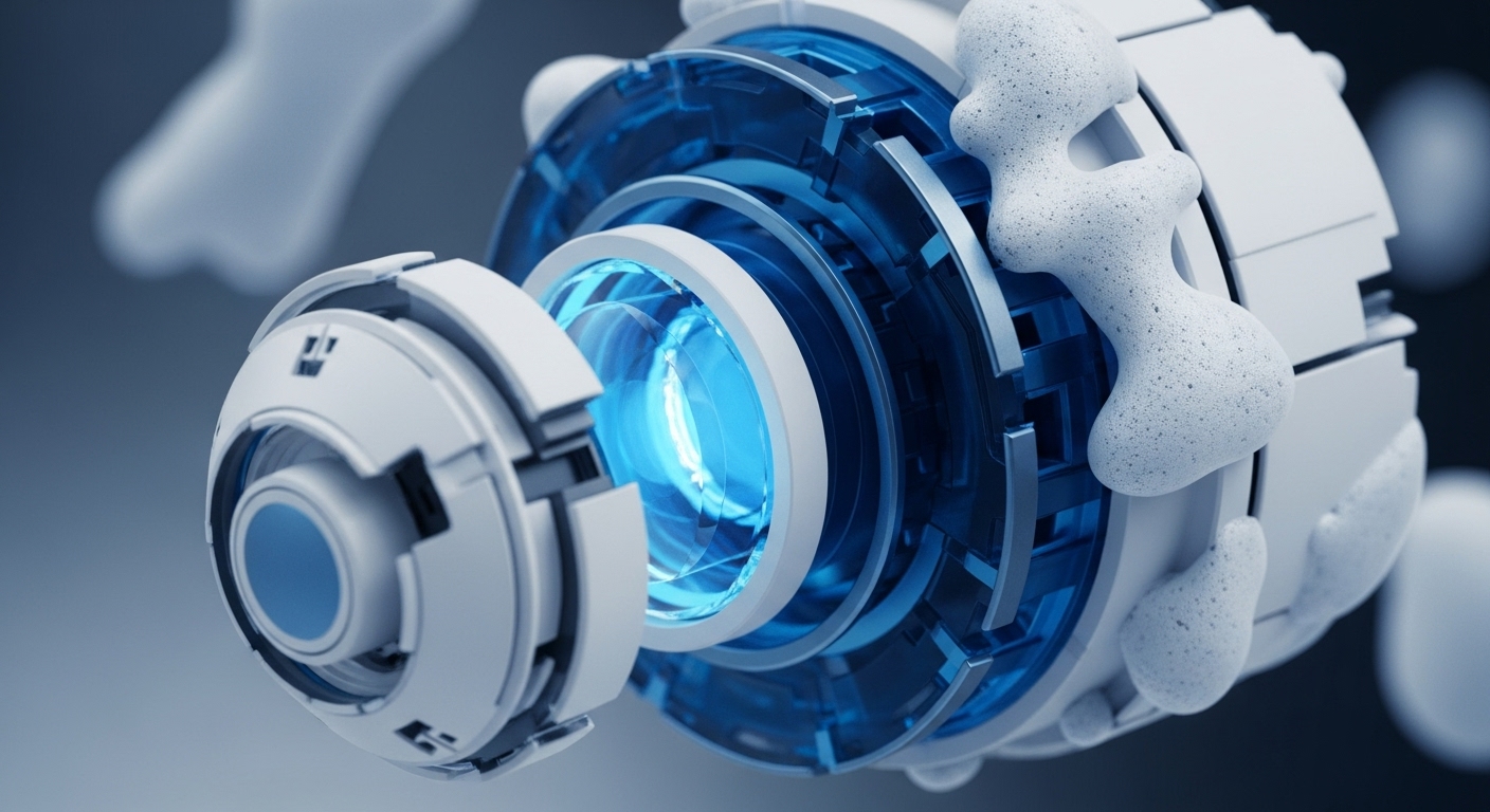 This abstract visualization depicts a sophisticated technological construct, featuring a central glowing blue core surrounded by segmented white metallic structures and organic-looking white accretions. The detailed rendering suggests complex computational processes and the underlying mechanisms of digital asset management