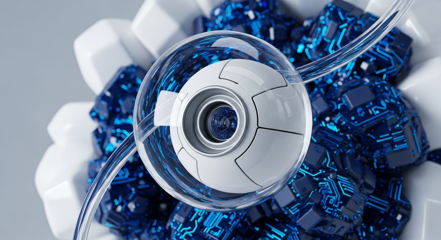 A transparent sphere containing a futuristic robotic eye is centrally positioned, revealing intricate concentric rings within its lens. Surrounding this sphere is a dense cluster of dark blue, angular blocks adorned with glowing blue circuit board patterns