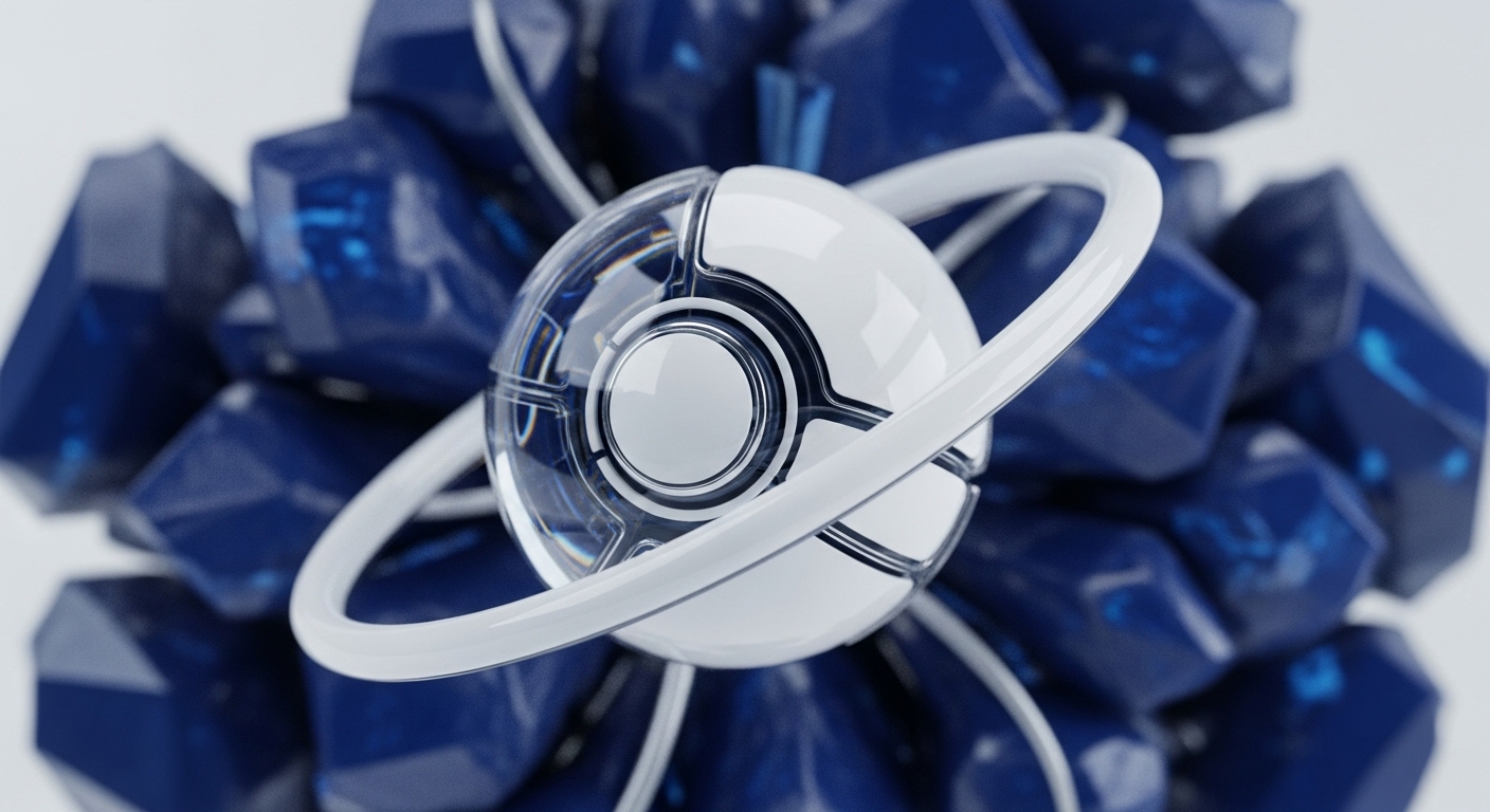 A polished white sphere, detailed with cybernetic accents and a clear outer shell, orbits within a bright white loop, symbolizing a core decentralized application or a critical smart contract function. This central element is embedded within a dense cluster of sharp, sapphire-blue crystals, each exhibiting internal luminescence, indicative of distributed nodes in a secure blockchain network