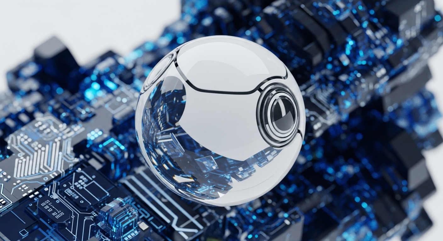 A highly polished, spherical object with visible circular apertures and metallic accents is positioned above a densely packed, glowing blue circuit board. The orb's mirrored exterior reflects the intricate pathways and illuminated components of the electronic substrate, creating a sense of deep technological immersion