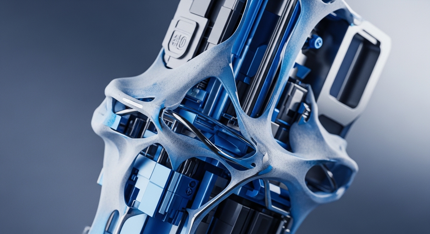 A close-up, angled perspective showcases a futuristic technological construct, featuring an outer shell of light grey, porous, biomorphic structures that form intricate openings. Within this framework, bright blue, polished, and dark metallic internal mechanisms are clearly visible, creating a visually complex and integrated system
