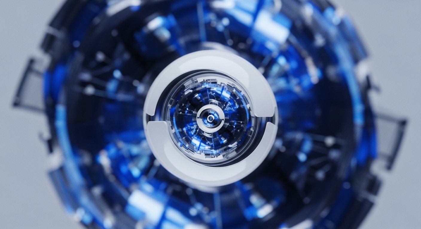 A central, white, orb-like structure with layered metallic components and vibrant blue internal lighting dominates the frame. Surrounding this core is a larger, segmented sphere showcasing complex mechanical and electronic elements, rendered in shades of deep blue and black, with subtle highlights