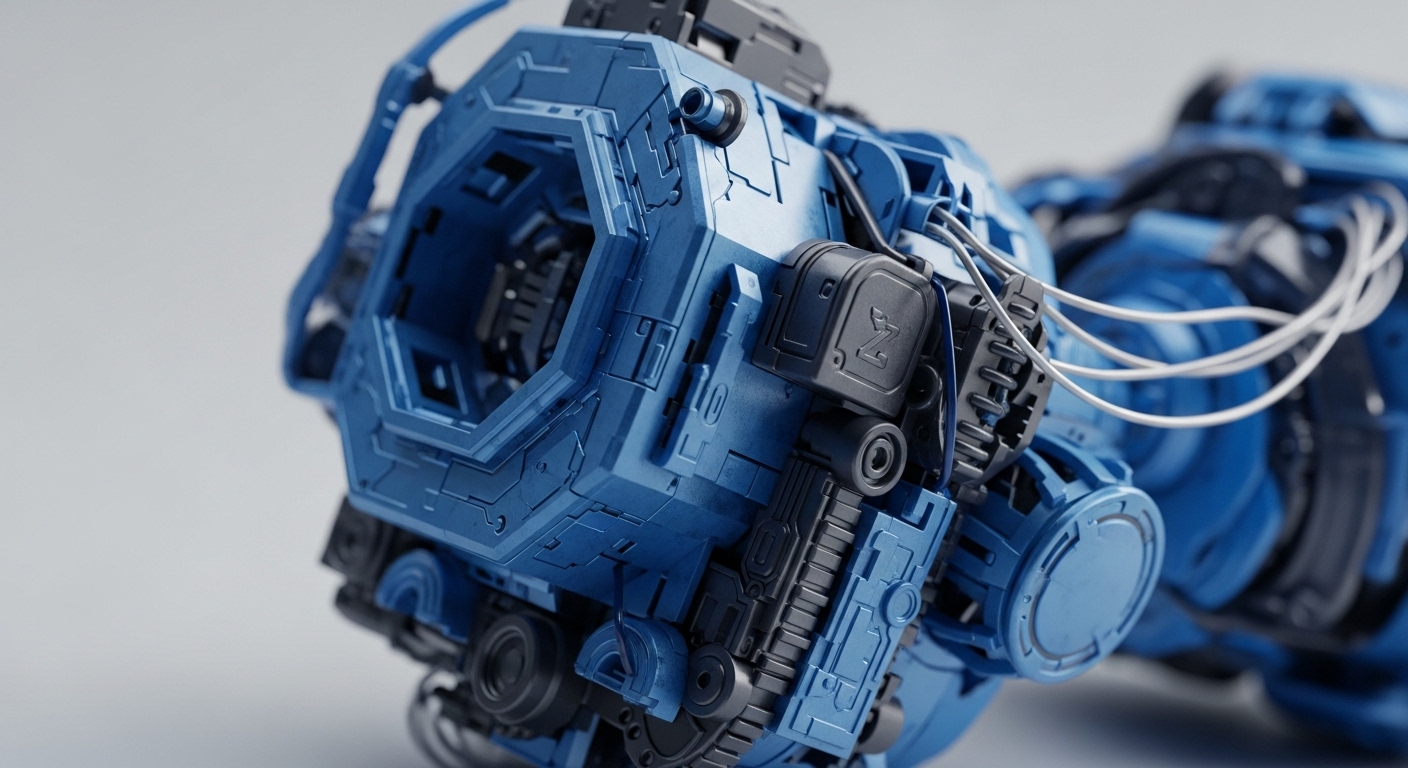 A striking close-up showcases a meticulously designed blue mechanical component, characterized by its sharp angles, textured surfaces, and integrated dark grey sections. Delicate white cables emerge from the structure, extending towards blurred elements in the background, suggesting an active data exchange within a larger system