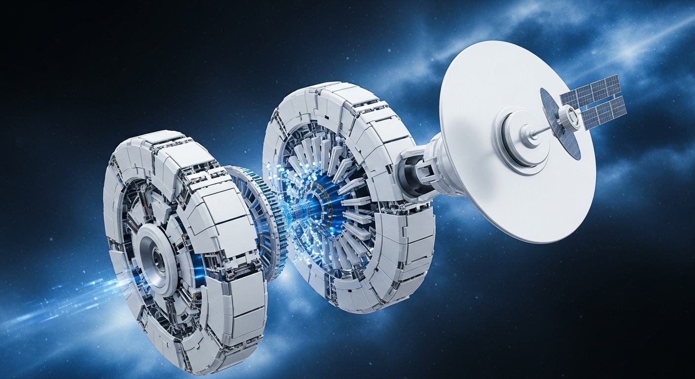 A futuristic, interconnected mechanism floats in a dark, star-speckled expanse, characterized by two large, segmented rings and a central satellite-like module. Intense blue light radiates from the central junction of the rings, illuminating intricate internal components and suggesting active data processing or energy transfer, mirroring the operational dynamics of a Proof-of-Stake PoS consensus algorithm or a Layer 2 scaling solution