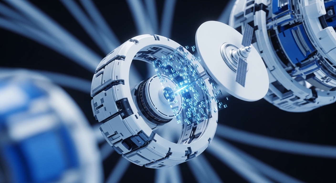 Gleaming white toroidal structures and a satellite dish dominate a dark, futuristic space, interlaced with streams of glowing blue binary code. This imagery evokes the complex architecture of decentralized autonomous organizations DAOs and their integration with advanced satellite networks for global data dissemination