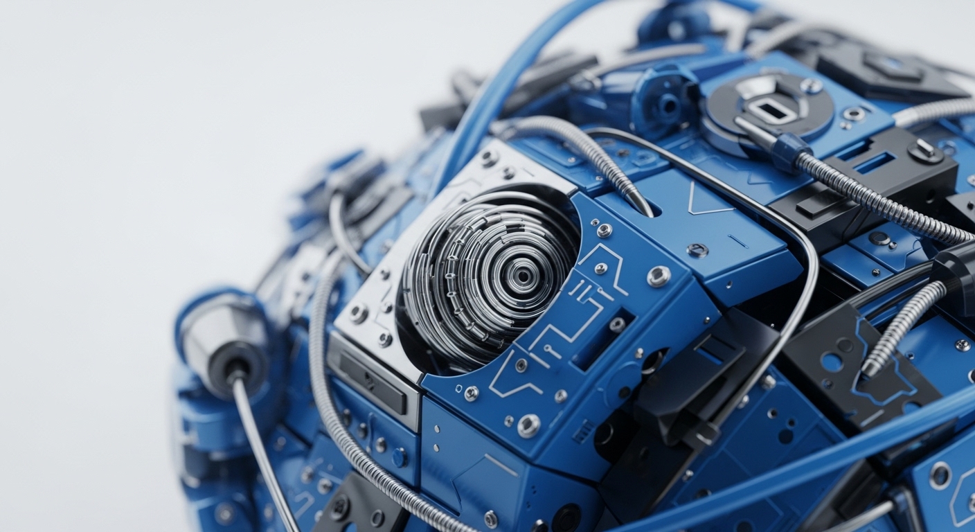This detailed view captures a highly complex, blue and metallic spherical structure, reminiscent of an advanced computational engine. The intricate network of metallic tubes and segmented blue panels suggests the robust infrastructure and interconnectedness found within decentralized blockchain networks