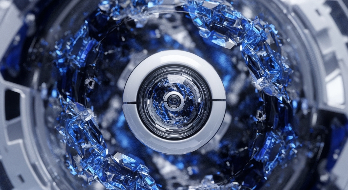 A central, polished metallic orb with a complex lens system is depicted, suggesting a core processing unit or an advanced decentralized application interface. Encircling this central element are dynamic, sharp fragments of vibrant blue crystalline structures, indicative of data blocks within a blockchain or the emergent properties of complex algorithms