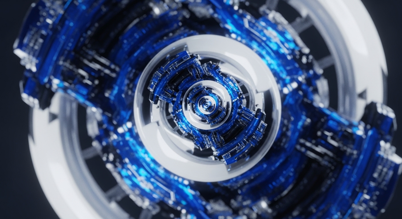 A detailed, abstract depiction of interlocking digital components in striking blue and white hues, resembling a complex mechanical core. This visual metaphor illustrates the sophisticated engineering and interconnected processes inherent in blockchain technology and cryptocurrency systems