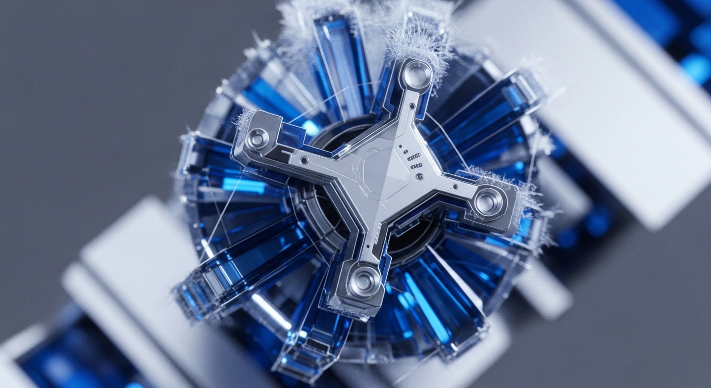 A complex, star-shaped metallic mechanism, featuring four radial arms with circular terminals, sits at the center of a luminous blue, segmented ring. Delicate, web-like frosty structures cling to the metallic components and translucent blue elements, suggesting an advanced state or intricate interconnections within a sophisticated system