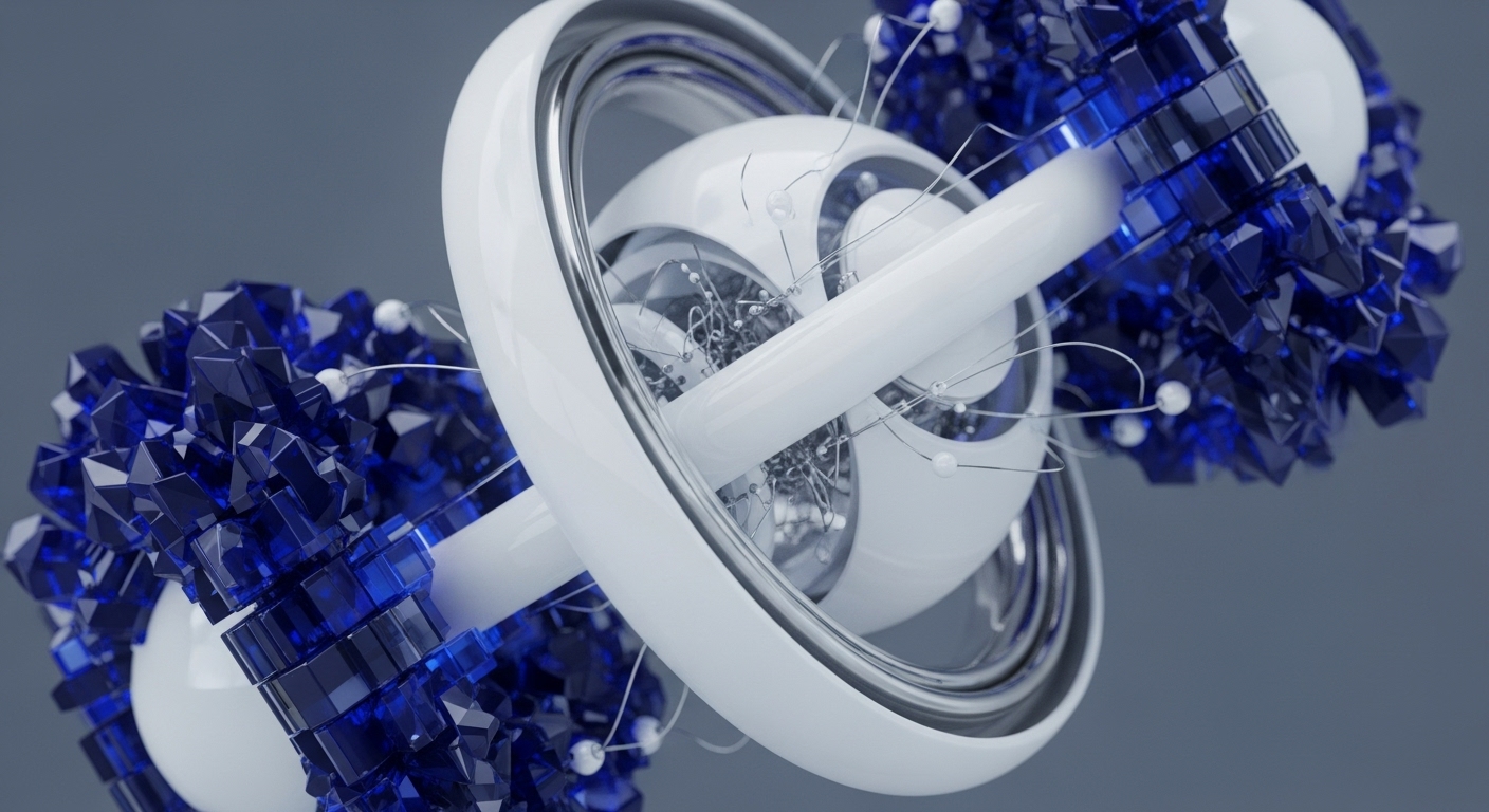 A detailed abstract visualization features a central white, glossy, multi-layered spherical and toroidal mechanism, intricately wired with delicate metallic strands and small white nodes. This core structure is flanked by two large clusters of dark blue, translucent, angular crystalline forms, set against a smooth, muted grey background