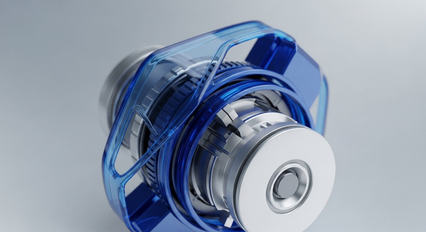 A close-up view displays a complex, high-tech mechanical component. It features translucent blue outer elements surrounding a metallic silver inner core with intricate interlocking parts and layered rings