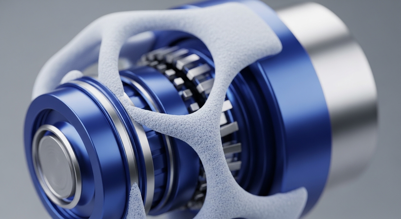 A detailed close-up reveals a sophisticated cylindrical apparatus featuring deep blue and polished silver metallic elements. An external, textured light-gray lattice structure encases the internal components, providing a visual framework for its complex operation