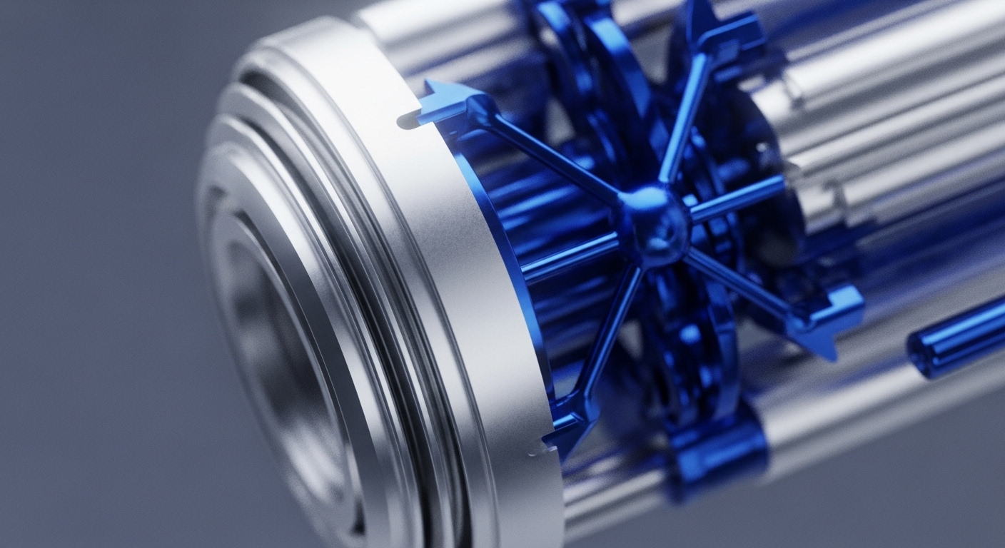 A highly detailed mechanical assembly is presented, showcasing a blend of polished silver components and vibrant blue, intricate structures. The foreground features concentric silver rings leading to a central textured band, which precisely engages with spoked blue elements, each adorned with directional arrow indicators