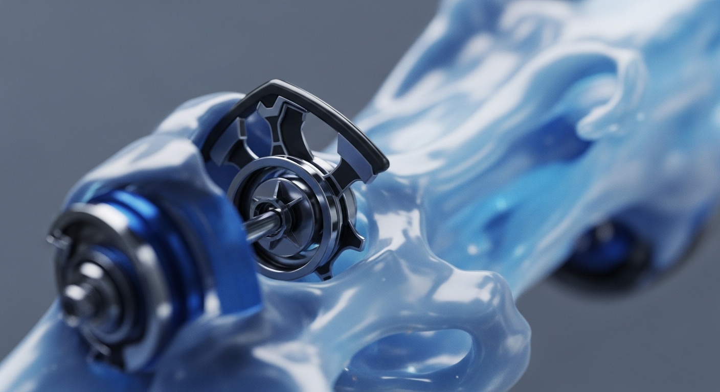 A meticulously rendered metallic mechanism, resembling a cryptographic primitive or a core smart contract engine, stands in sharp focus. It is partially enveloped by a translucent, light blue, amorphous substance, suggesting a dynamic distributed ledger technology environment. The interplay highlights the precision of on-chain logic within the flowing, evolving nature of a blockchain network. This visual metaphor captures the integration of robust protocol architecture with the organic expansion of decentralized finance ecosystems, underscoring the foundational elements of Web3 infrastructure.