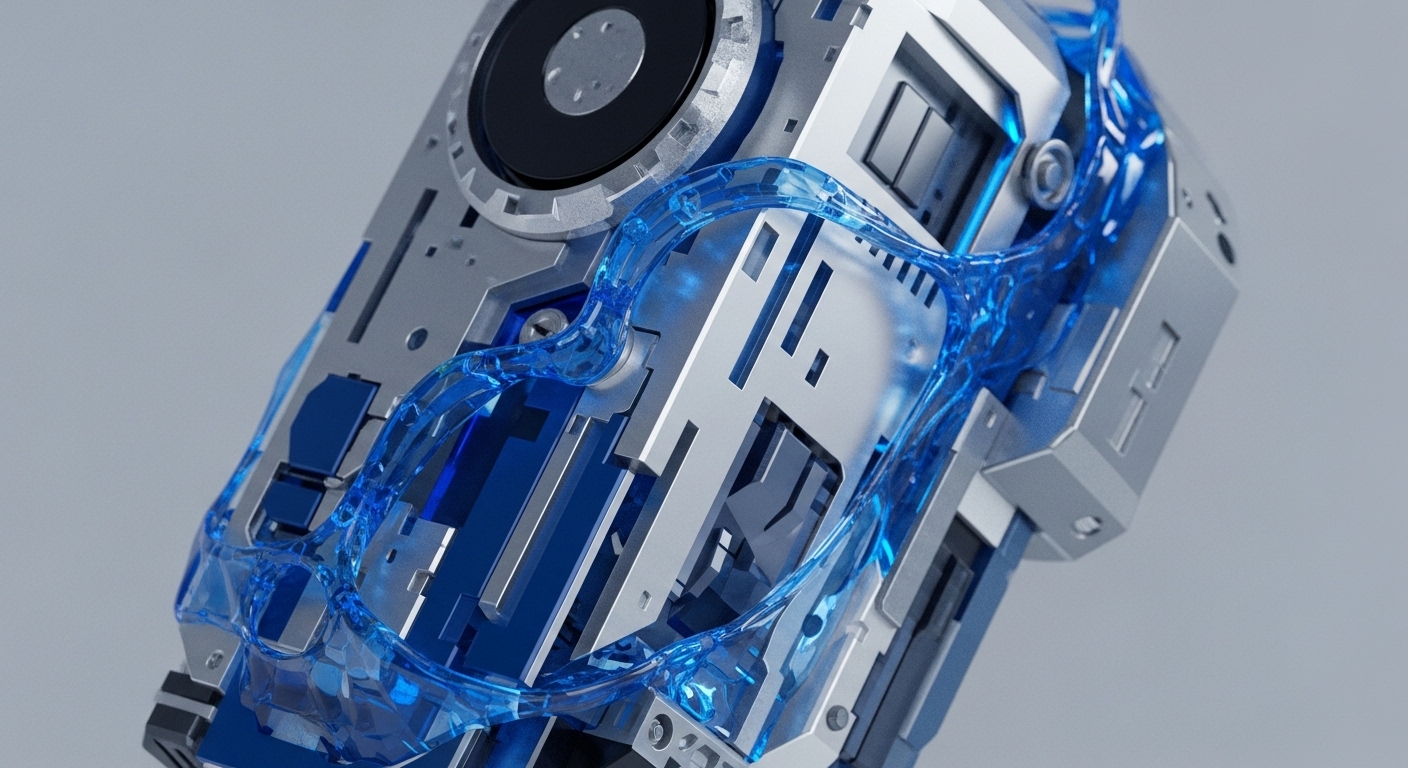 A high-tech metallic apparatus features a dynamic flow of translucent blue liquid across its intricate surface. This close-up highlights the precision engineering of a system, showcasing angular panels and a circular fan-like component