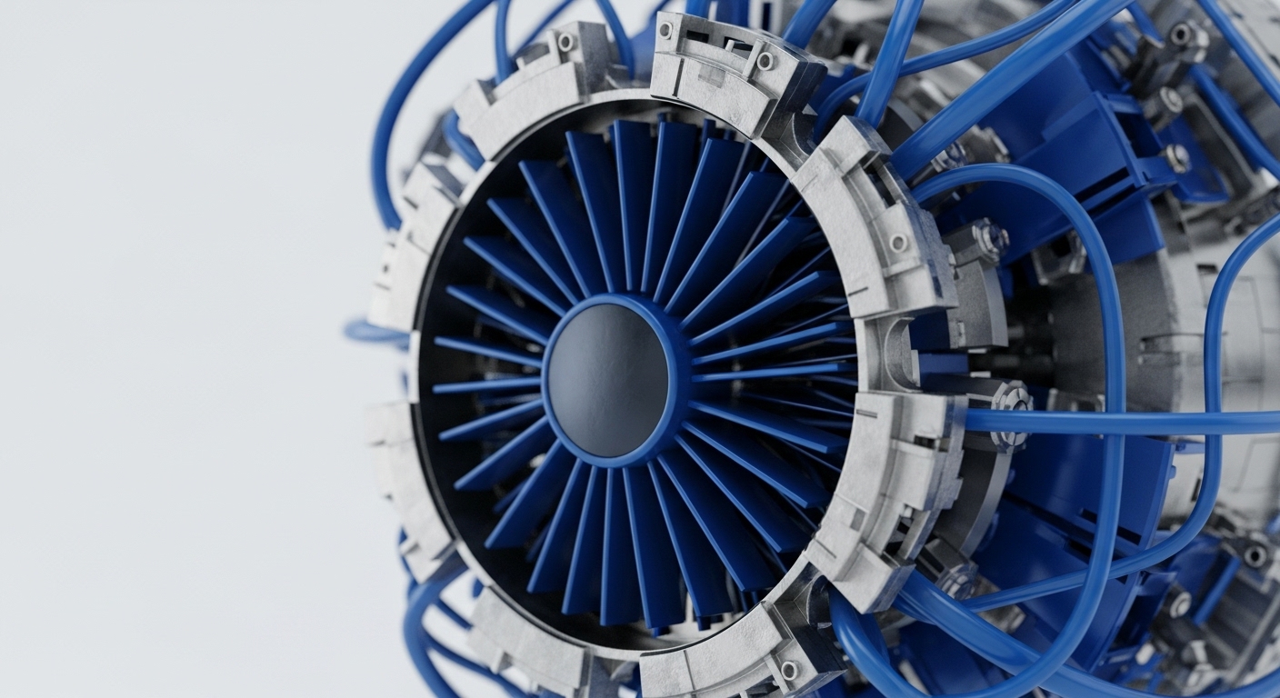 A central blue turbine with radiating blades is surrounded by a robust metallic structure, intricately linked by a network of vibrant blue cables. This detailed rendering symbolizes the complex, interconnected systems that power the cryptocurrency landscape