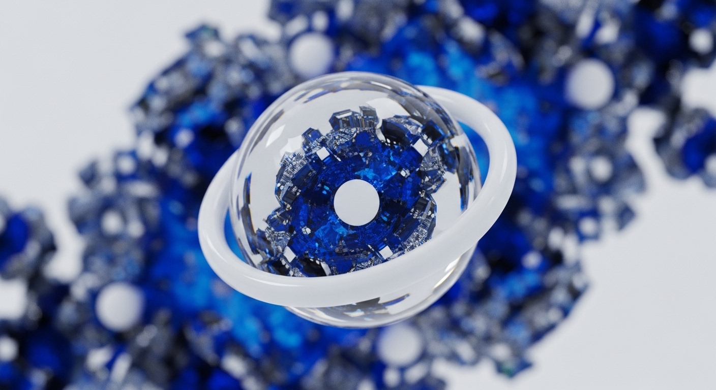 A clear sphere, encircled by a smooth white ring, reveals a vibrant, geometric blue core. This core, with its sharp facets and interconnected components, visually represents the intricate architecture of a blockchain, possibly illustrating a private key or a genesis block