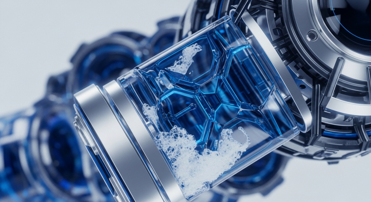 A close-up reveals a futuristic apparatus composed of translucent blue chambers filled with bubbling liquid, integrated with polished silver-grey mechanical structures. Hexagonal internal frameworks are visible within the clear liquid, creating a dynamic and complex visual representation of advanced engineering
