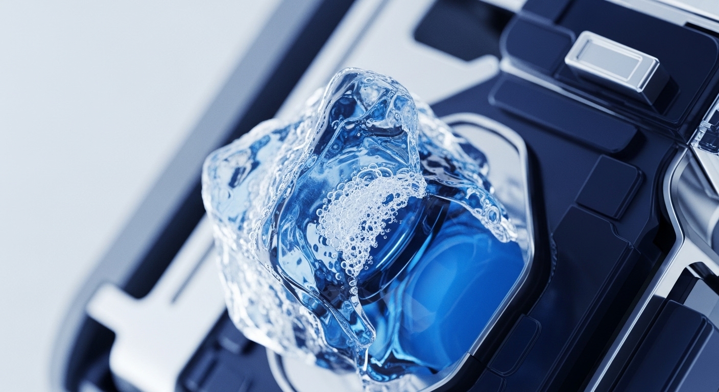 A vibrant, crystalline block of effervescent blue liquid, suggesting dynamic digital asset liquidity, is precisely integrated into a sophisticated, dark-toned mechanical structure. The structure, composed of sleek metallic and glossy dark panels, features various rectangular components and reflective surfaces, evoking advanced technological infrastructure