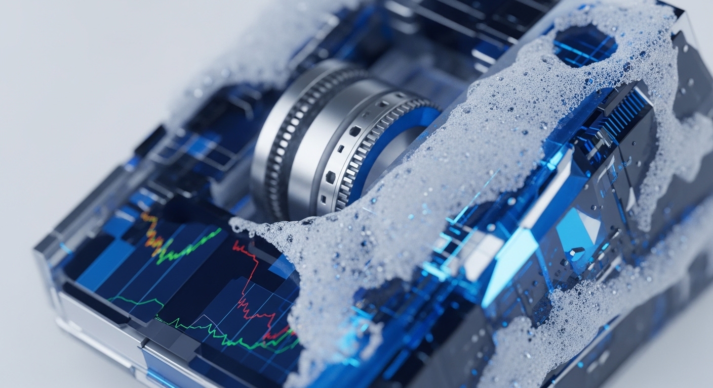 A futuristic, translucent blue and silver block-like apparatus is partially covered in white foam, showcasing internal mechanisms and glowing digital displays. The central metallic cylinder with gears is surrounded by intricate circuitry and screens displaying financial charts