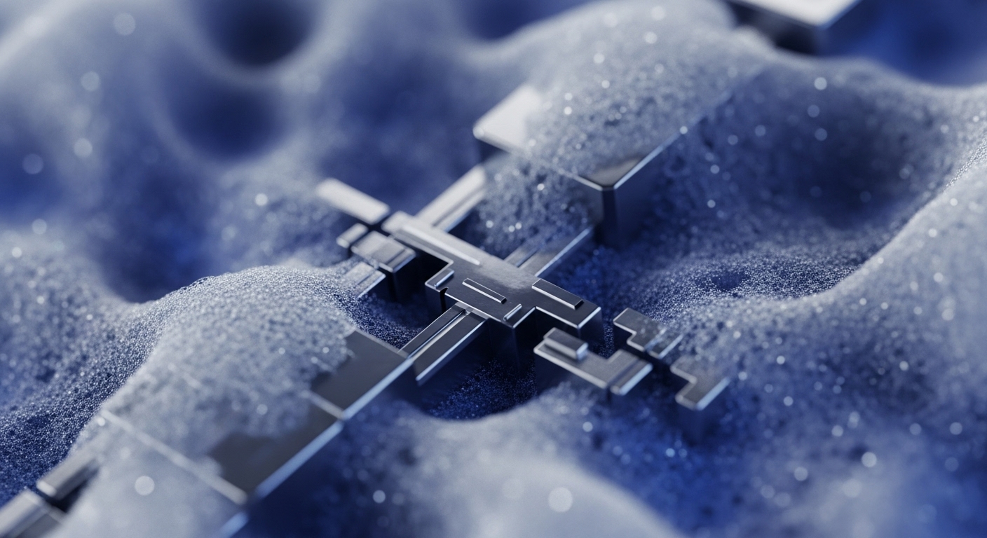A precise, metallic, interlocking mechanism, an abstract cryptographic key or smart contract, rests upon an undulating granular surface. This textured substrate, composed of countless tiny spheres, visually represents distributed ledger technology DLT or Web3 infrastructure comprising network nodes or data packets. The metallic construct's sharp geometry signifies the robust engineering of a DeFi primitive or consensus mechanism, embodying intricate tokenomics and secure operational logic within a decentralized ecosystem.