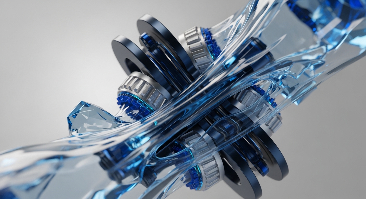 A complex abstract composition features dark, circular metallic elements and silver, ribbed cylindrical components centrally arranged, enveloped by a dynamic, translucent stream of blue-tinted liquid or crystalline structures. Sharp, faceted blue crystal formations are embedded within this flowing medium, all set against a soft, light gray background