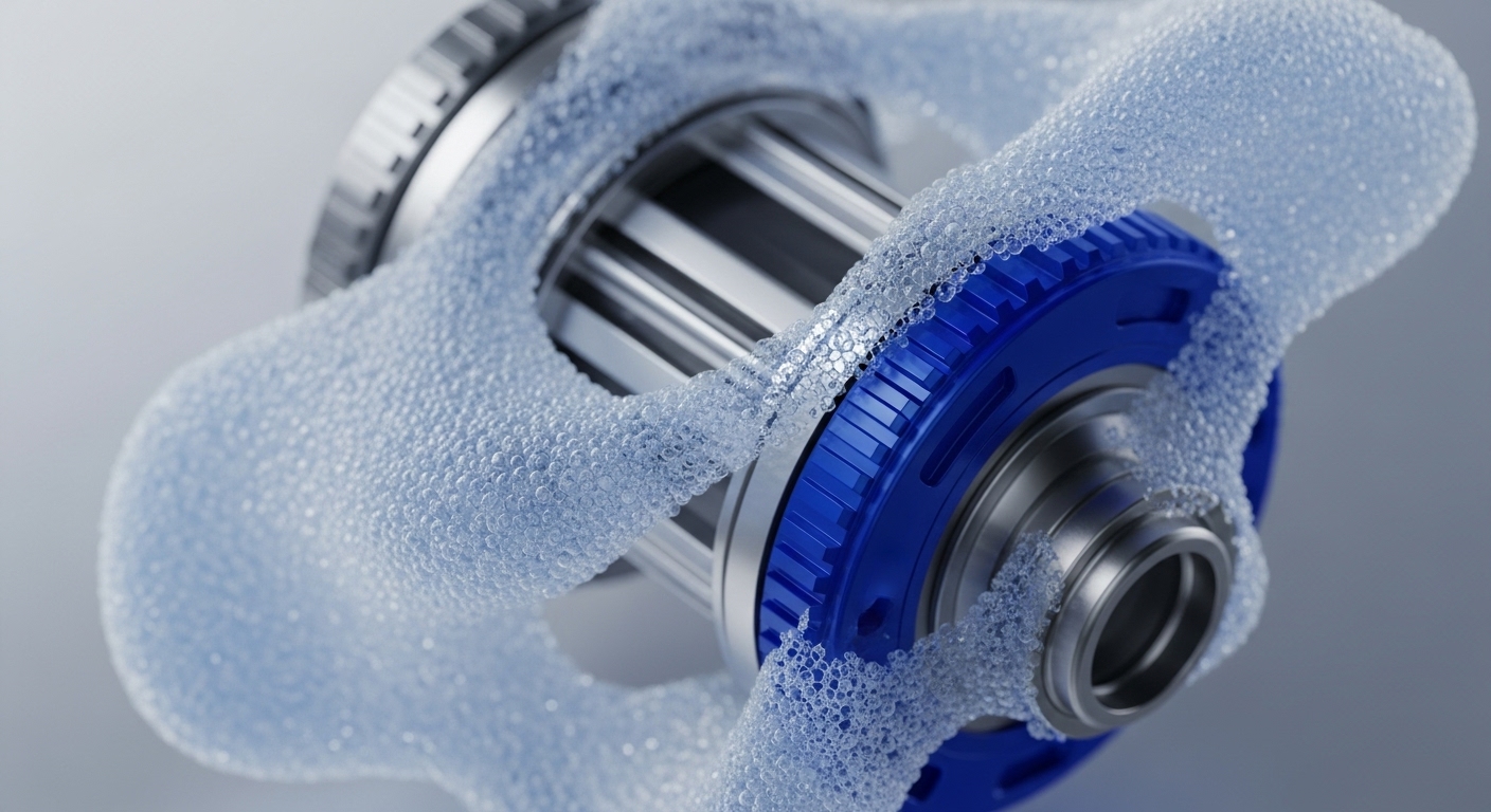 A sophisticated mechanical component, featuring polished metallic surfaces and a prominent blue-colored section, is shown partially immersed and surrounded by a delicate, bubbly, foam-like substance. The substance flows dynamically around the component, highlighting its intricate design and precision engineering against a soft, neutral background, suggesting a process of interaction or encapsulation