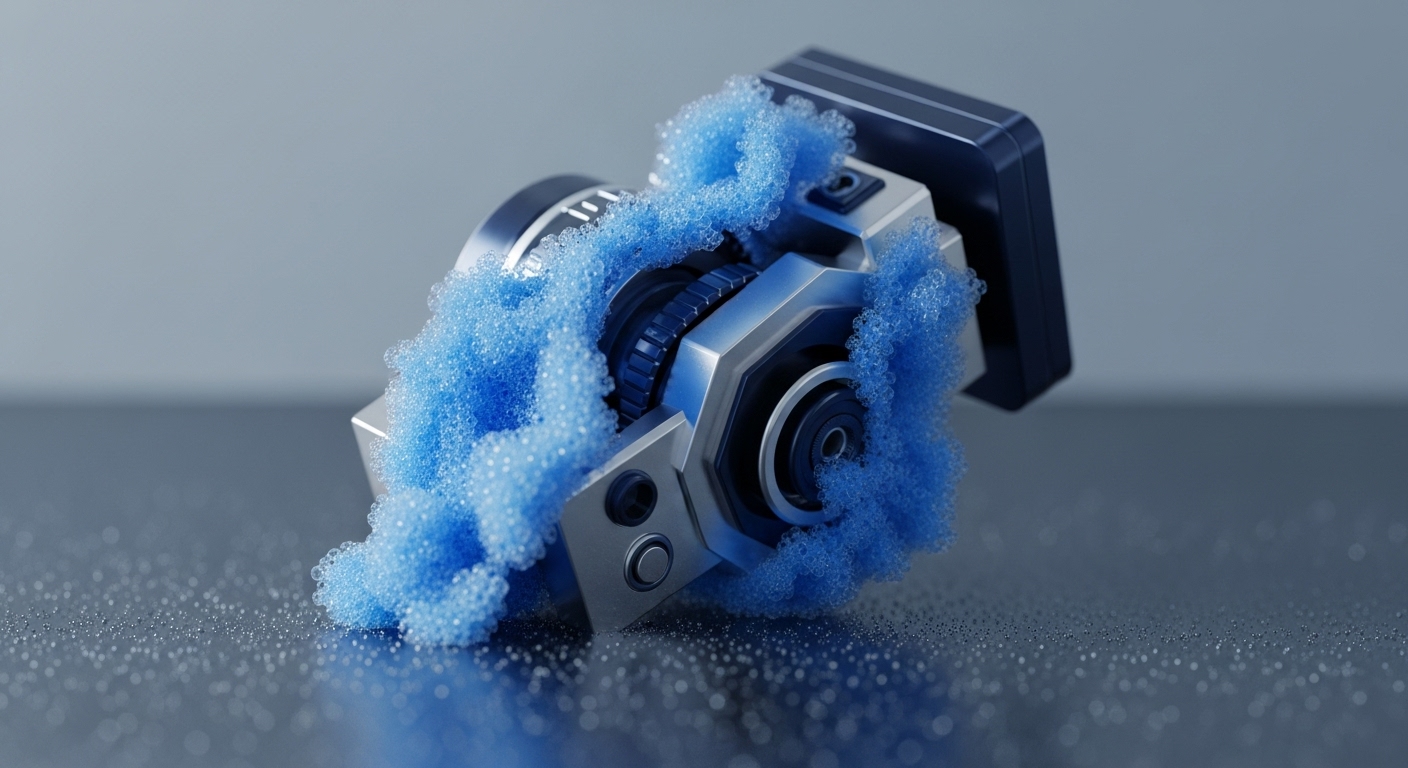 A metallic, multi-component device, resembling a robust industrial camera or sensor, is partially obscured by a vivid, light blue granular substance. This effervescent material, composed of countless tiny spheres, appears to flow around the device, which sits on a dark, highly reflective surface dotted with myriad water droplets