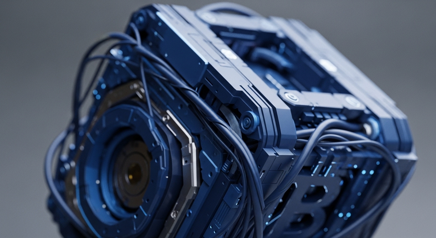 A highly detailed render depicts a blue, mechanical, cube-shaped object with exposed wiring and intricate internal components. The object features a visible Bitcoin 'B' logo on one of its sides, set against a neutral gray background