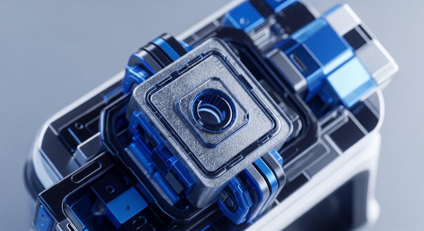 A sophisticated metallic device, predominantly silver and deep blue, showcases intricate engineering. A central square module, textured and detailed, features a precise circular aperture, suggesting a core processing unit or a secure enclave for cryptographic operations. Surrounding structures of layered blue and black elements imply robust connectivity and a modular blockchain architecture. This visualization represents a physical embodiment of a high-performance validation node, designed for efficient distributed ledger technology processing and seamless interoperability within a corporate crypto ecosystem, ensuring robust consensus mechanism execution.