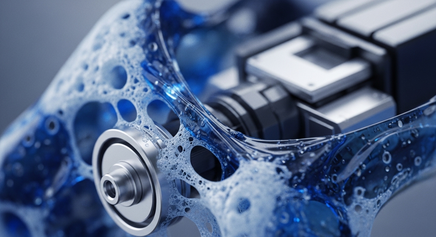 The image presents a detailed view of metallic engineering components partially submerged in a vibrant blue, bubbly, viscous substance. A prominent silver cylindrical element with a central pin is visible on the left, while block-like structures are partially obscured in the background
