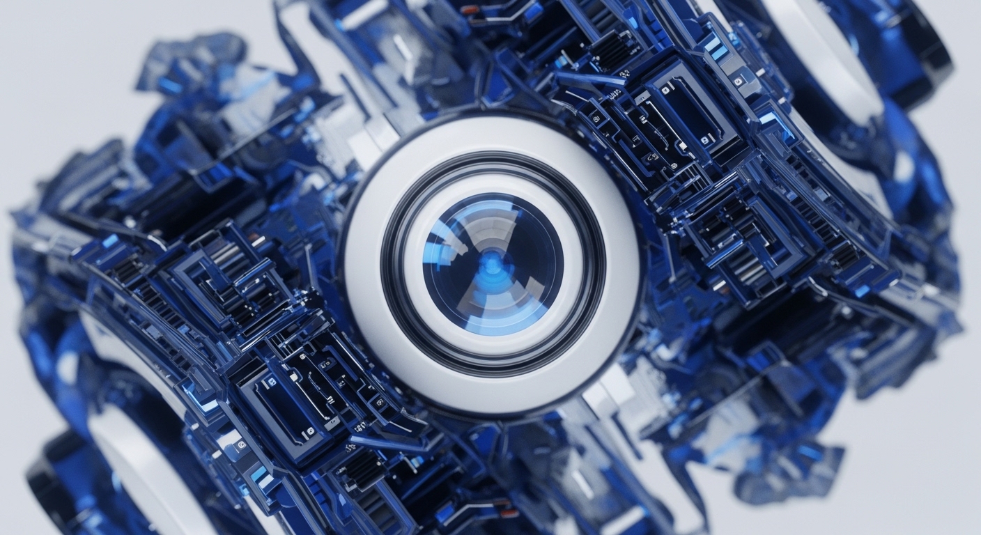 The central element is a circular lens with radiating blue light, encased by a complex, multi-faceted blue crystalline structure. This visual metaphor delves into the intricate world of blockchain technology and decentralized finance DeFi