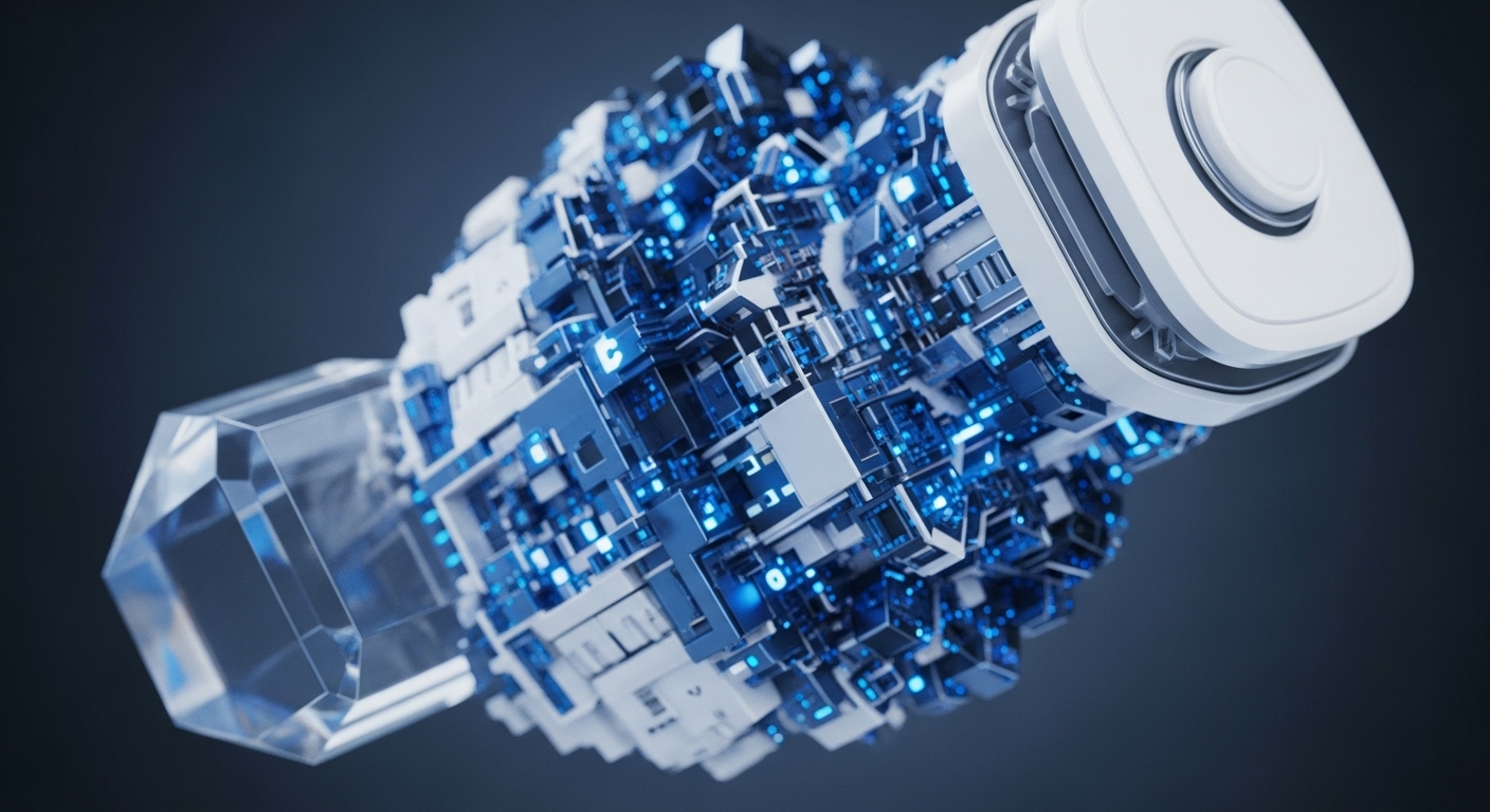 A translucent crystalline form connects to a dense, modular structure pulsing with electric blue light, set against a dark gradient background. This visual metaphor embodies the core principles of blockchain technology and cryptocurrency networks