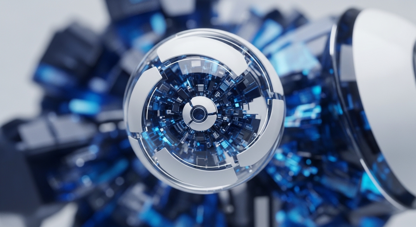 A polished, multifaceted sphere with internal glowing blue circuitry is centered against a blurred backdrop of angular, blue-lit structures. This abstract representation visualizes the intricate nature of blockchain technology and its role in managing digital assets